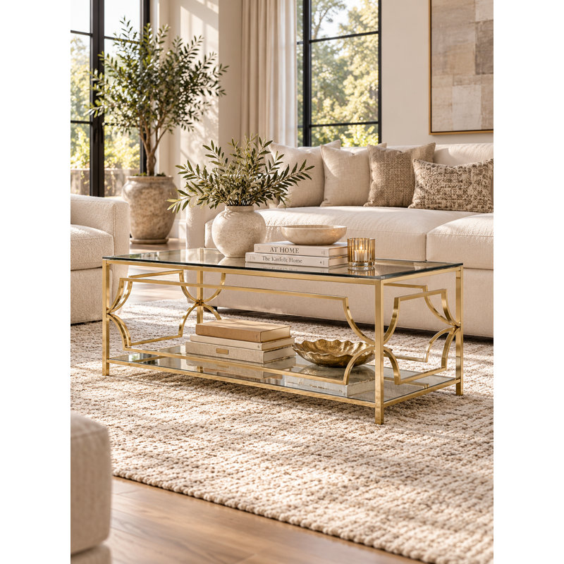 Pangea Home 2-Tiered Mirrored Benson Edward 4 Legs Coffee Table with Storage - Modern Rectangle 47" Coffee Table – Tempered Glass Top - Living Room, Bedroom, Office - Gold Glass Coffee Table