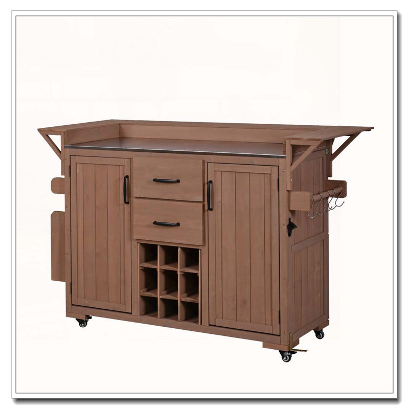 Modern 60.2''W Outdoor Kitchen Island with Wheels, Rolling Patio BBQ Kitchen Cart with Stainless Steel Top, Brown