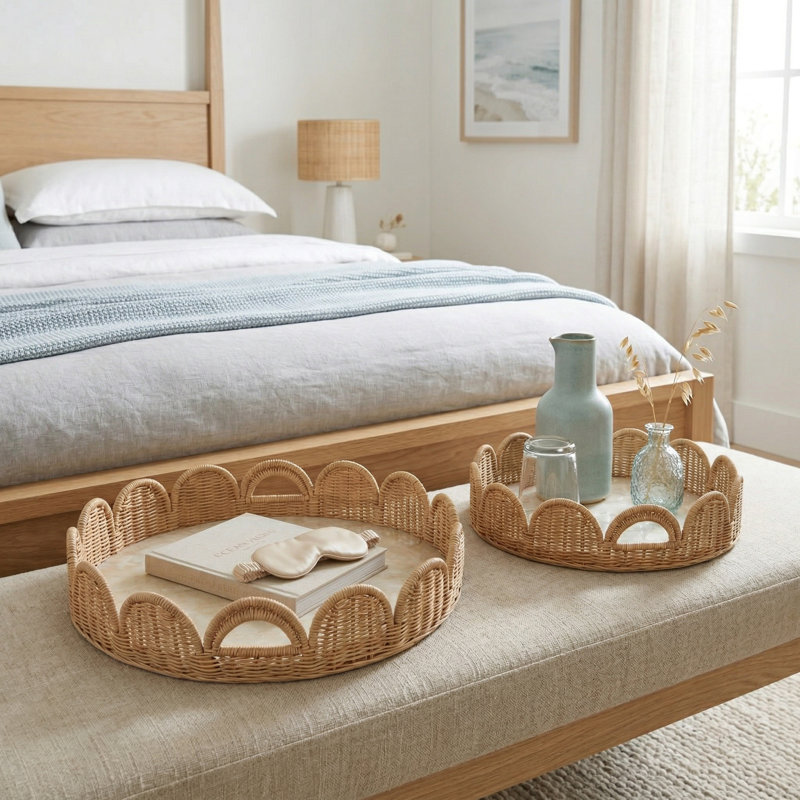 Decorative Woven Round Tray With Scallop Edge - Stylish Accent Tray For Ottoman, Coffee Table, Or Jewelry Display - Set Of 2, 24",20", Ivory & Tan