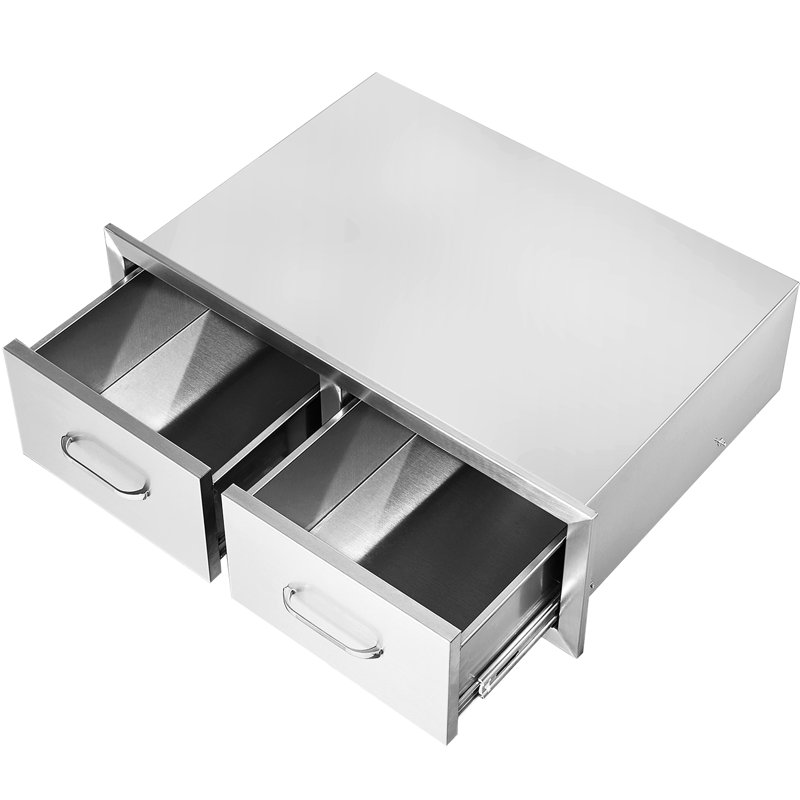 Tiroirs de cuisine doubles l 29,5 po x H 10 po x P 19,7 po, tiroirs de barbecue extérieurs en acier inoxydable, coins ronds et poignée coulissante stable et ouverte