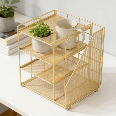 Rangement de bureau en métal à 4 niveaux avec plateaux amovibles et porte-classeur vertical, rangement de bureau pour fournitures, papiers, dossiers et papeterie