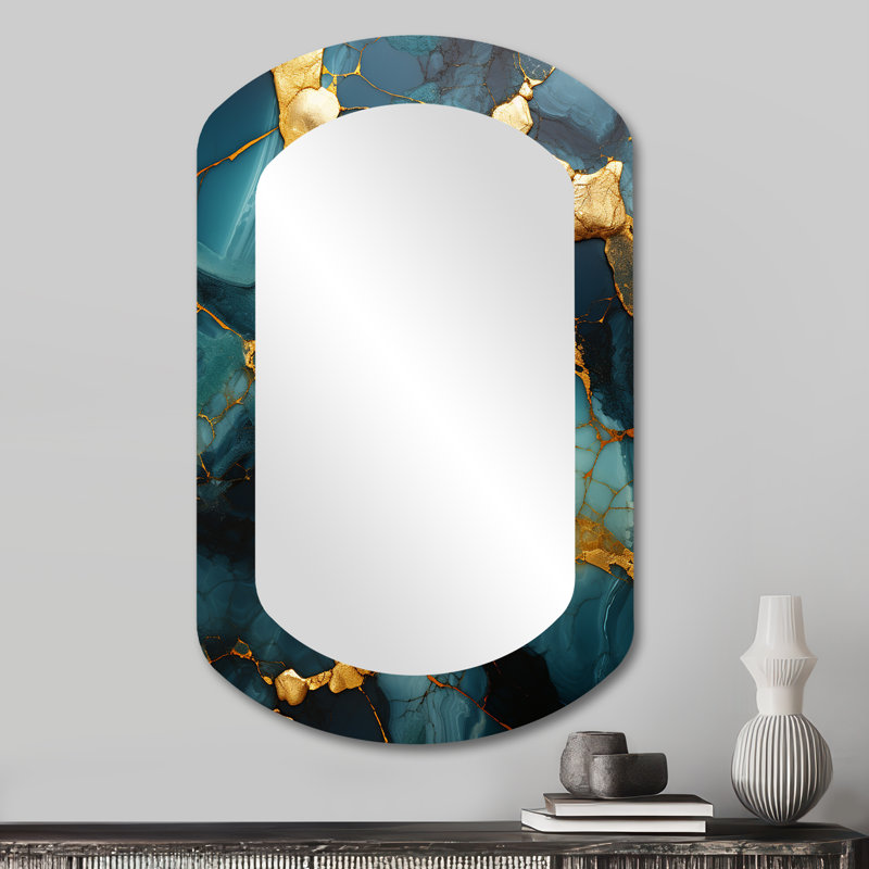 Agate topaze dorée et verte granit IV - Miroir mural moderne abstrait aux formes asymétriques, 31 po x 19 po