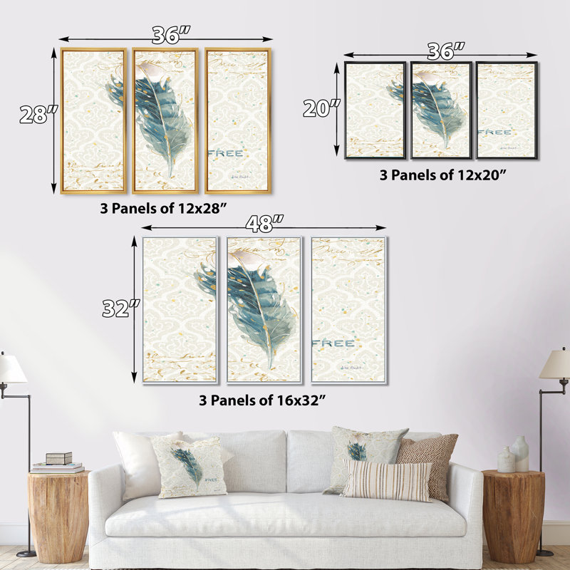 «Damask Painted Gilded Feather On Blue», peinture sur toile 3 pièces, H 32 po x l 48 po, Blanc