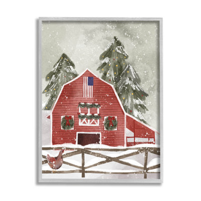 " Snowy Country Barn American Flag " Painting Print