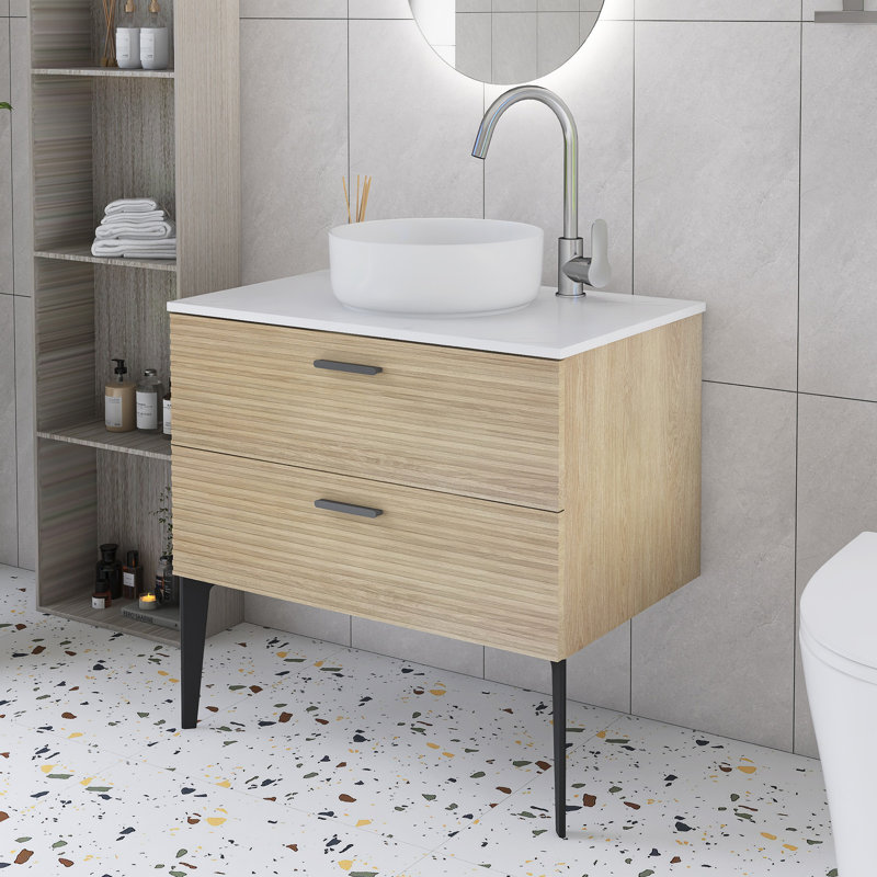 Meuble-lavabo simple 30 po en chêne avec vasque en céramique blanche