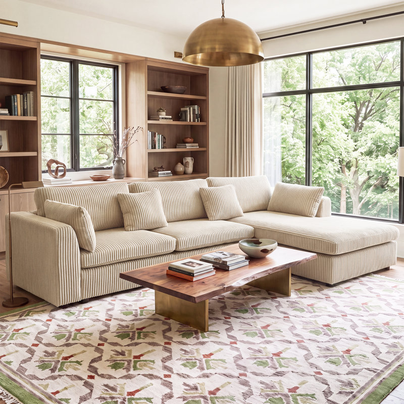 109" Upholstered Sectional Modern L-Shaped Sofa, Velours côtelé kaki