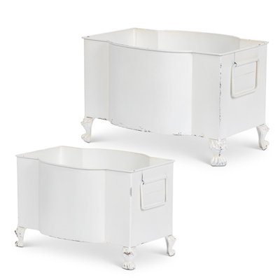 Handsome Footed Metal Planter, Antiqued White, Set of 2