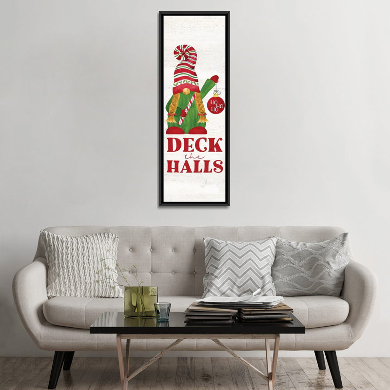 «Gnome for Christmas Sentiment vertical I-Deck the Halls» par Tara Reed - impression, Toile avec cadre noir