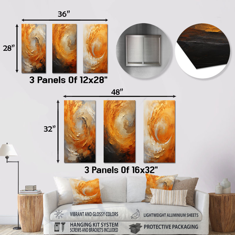 «Gold Orange Desert Mirage Spiral», ensemble d'art mural en métal à spirales abstraites de 3, H 28 po x l 36 po
