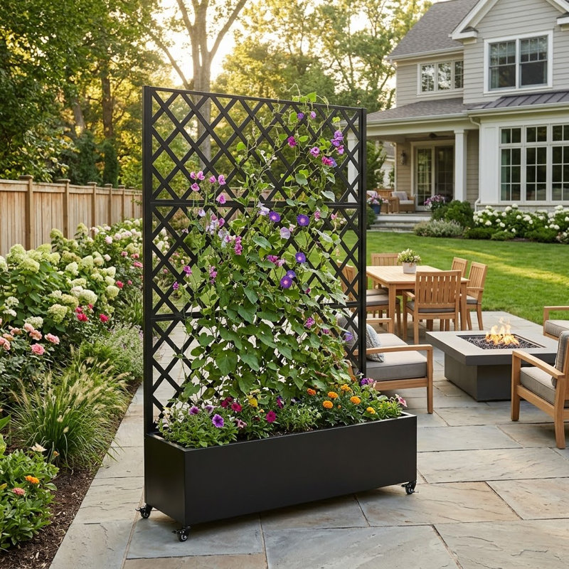 Lit de jardin surélevé en métal avec roues et treillis 73 po x 47 po x 16 po Boîte à fleurs pour grimper les légumes, la vigne et l'écran d'intimité avec drainage