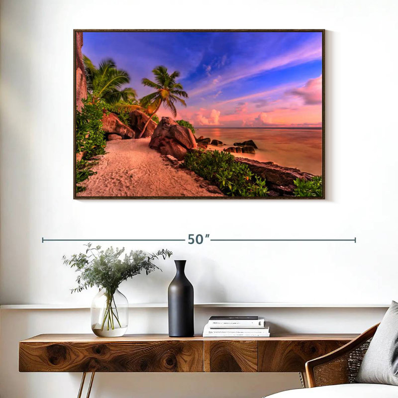 La Digue Sundown, 40 po x 27 po, Cadre flottant noyer
