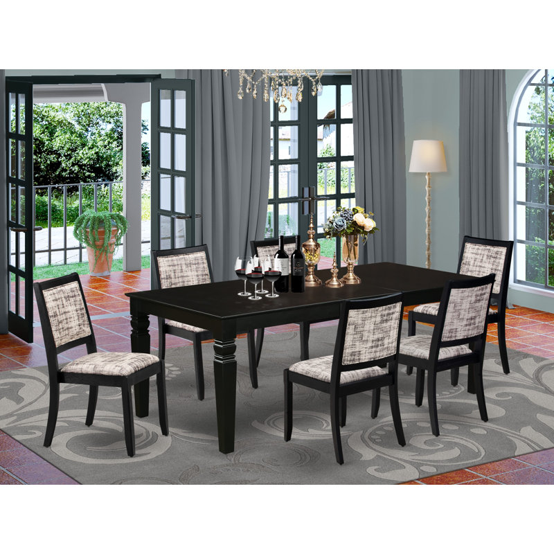 7 Piece Dining Set Includes a Rectangular Kitchen Table with Black Tabletop and 6 Stackable Polyester Fabric Chairs, Black, 7
