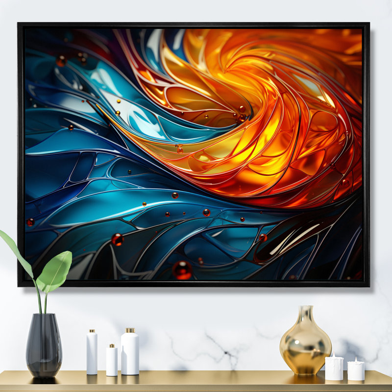 Yelow bleu sarcelle abstrait fractal fractal fusion, H 12 po x l 20 po x P 1 po, Cadre flottant noir