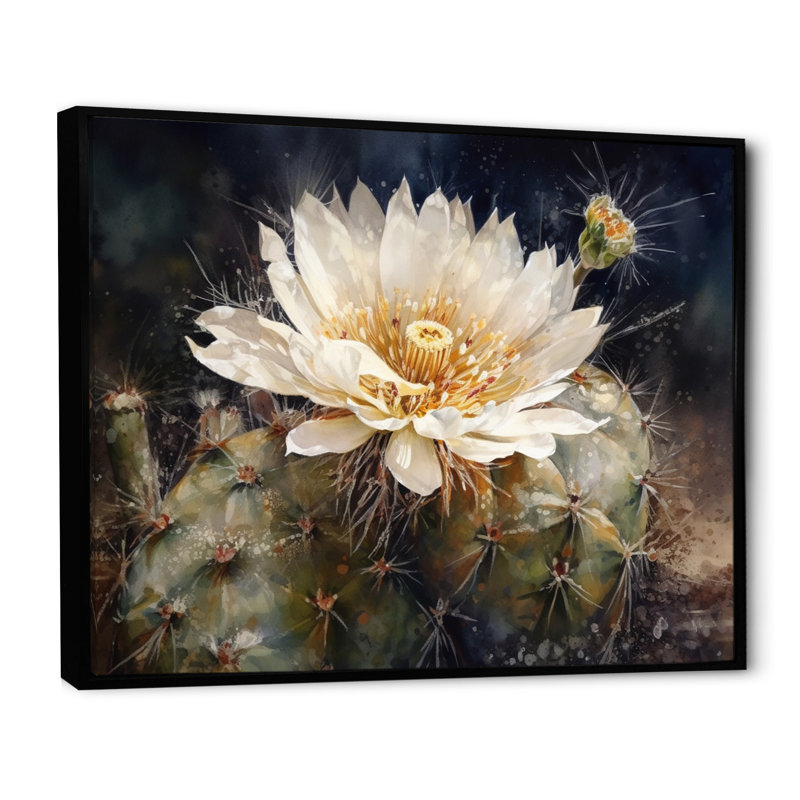 Ryul blanc, vert, fleur de cactus I, H 24 po x l 32 po x P 1 po, Cadre flottant noir