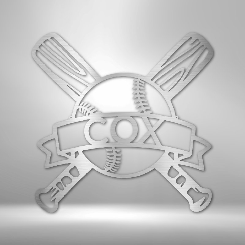 Monogramme de baseball personnalisé, Argent argent, H 14,25 po x l 14,5 po x P 0,5 po, Oui