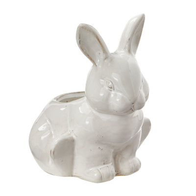 Sitting Bunny Planter - White Ceramic Garden Pot for Indoor & Outdoor Use, 7.5" L x 6" W x 7.75" H