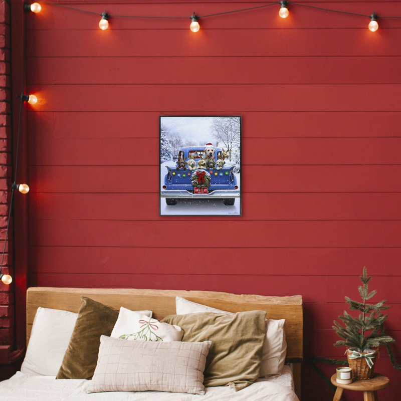 «Christmas Tailgate Puppies», estampe numérique de Jadei, H 20 po x l 16 po, Giclée encadrée noir minuit