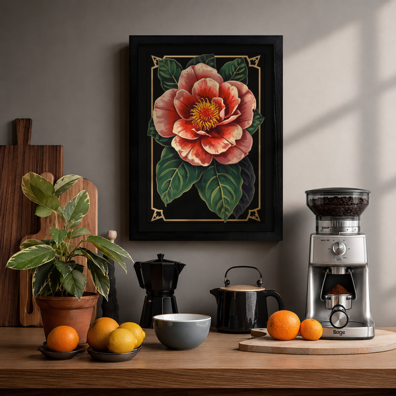 Golden Peony Botanical - Framed Print, A2 - 59.4 x 42.0 cm, Black