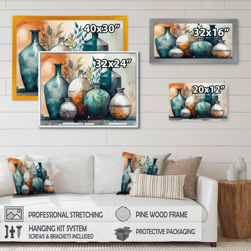 «Keitha Green and Orange Artisanal Boho Pottery II», reproduction sur toile, Encadrement doré, H 16 po x l 32 po x P 1 po