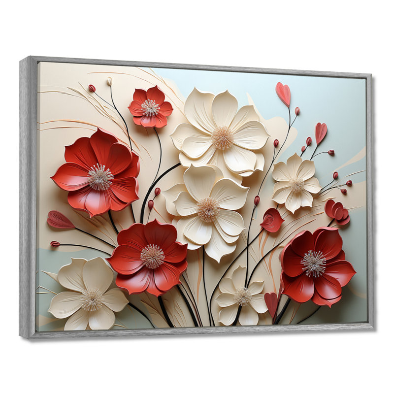 Rouge et blanc cramoisi fleur s Étreinte - art mural fleur, H 12 po x l 20 po, Reproduction avec cadre flottant
