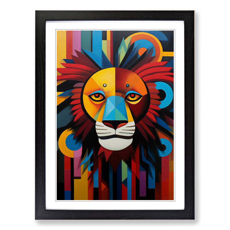 Lion Constructivism - Single Picture Frame Print on Wood, 34cm H x 25cm W x 2cm D, Black