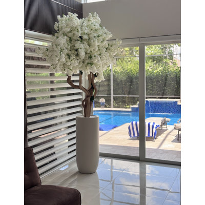 Pink Cherry Blossom Tree In Matte Grey Planter