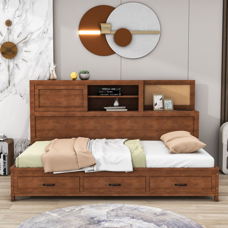 Kisor Wood Platform Bed with USB charging ports and outlets and Drawers, Walnut, Twin