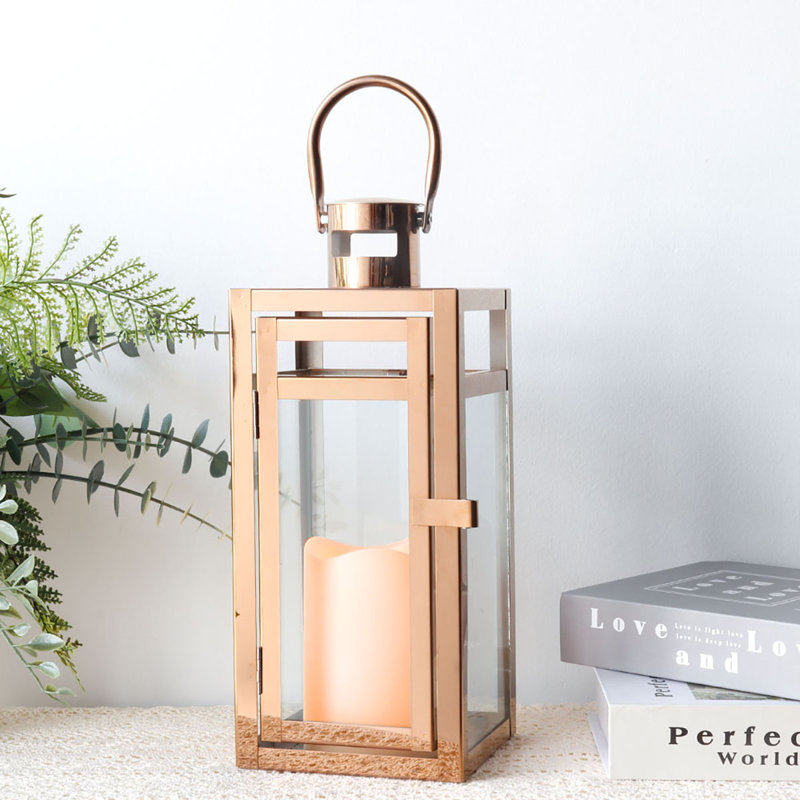 30 cm High Stainless Steel Candle Lantern for Indoor Outdoor Tabletop and Patio Use, Rose Gold