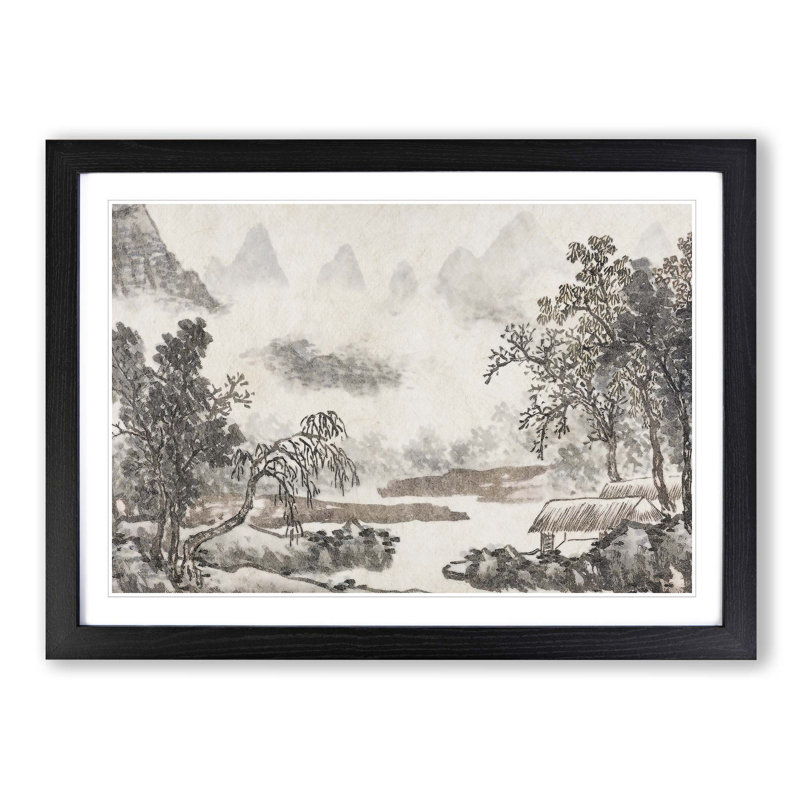 Clouds over the River by Shen Zhou - Picture Frame Painting Print, Black Framed, 36cm H x 48cm W x 2cm D
