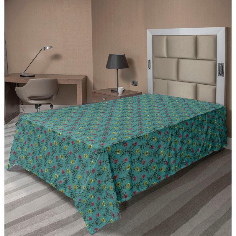 Drap plat moderne de style bohème Ambesonne, Drap plat pour lit simple TG, Écume de mer foncé / jaune / motif floral rose