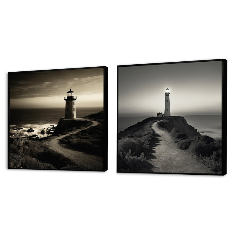 Phare noir et blanc Panorama, Cadre flottant noir, 16" H x 33" W