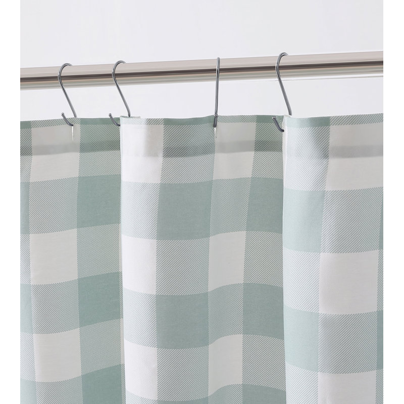 Green Plaid Cotton Shower Curtain with Buttonhole Top