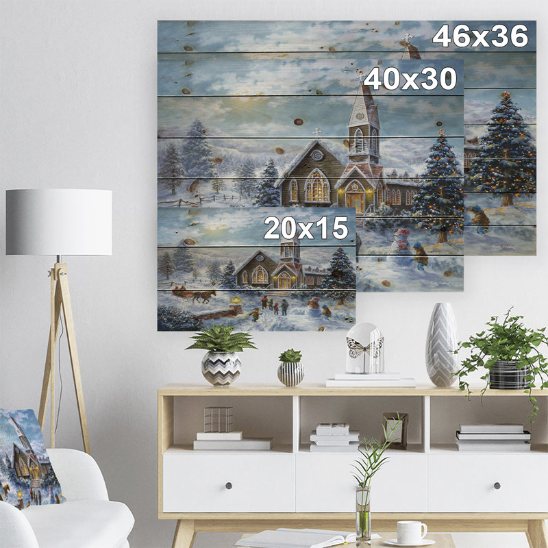 « christmas culte parents priant children play », peinture, H 30 po x l 40 po x P 1,5 po, Bois