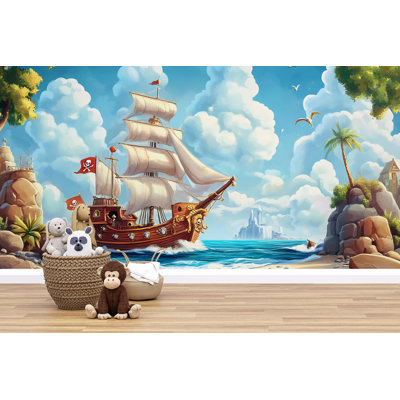Pirate Ship Wallpaper For Kids Room – Cartoon Sea Adventure Wall Mural – Nautical Ocean Boys Bedroom Decor – Sailing Ship Fantasy Wall Art Print