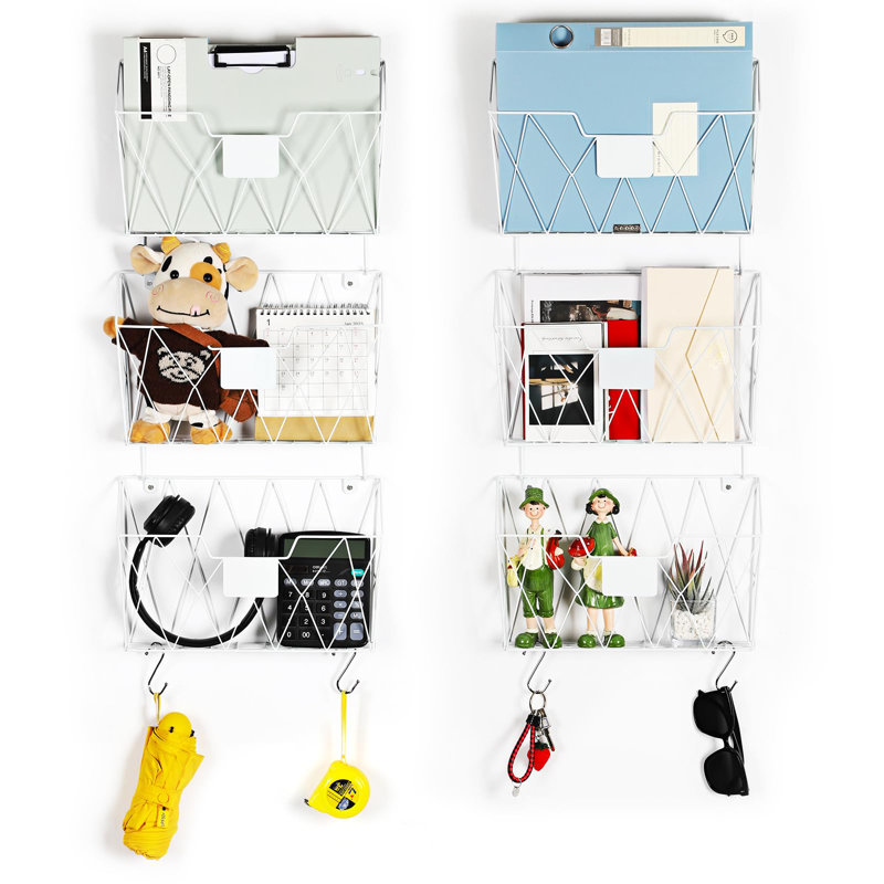 White Metal 6-Pocket Wall Mounted File Organizer with Hooks