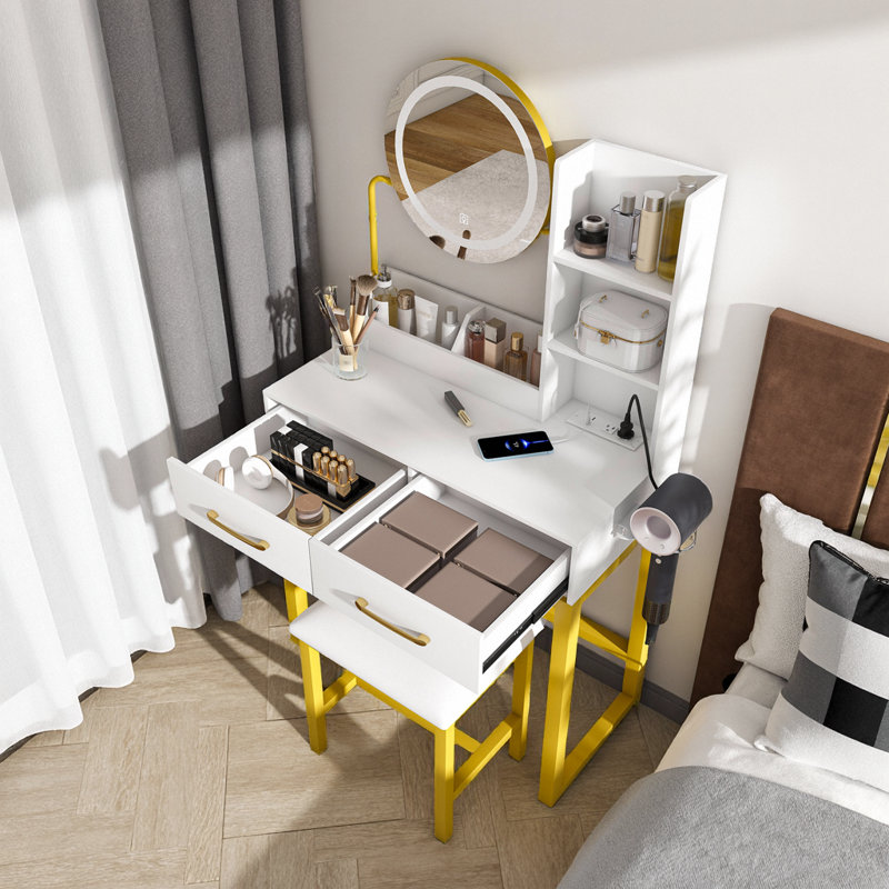 Makeup Vanity With LED Lights&3 Color And Power Outlet Makeup Vanity Table With 2 Big Drawers With Sturdy Metal Leg And Metal Chair ,Dressing Table For Bedroom Dressing Room
