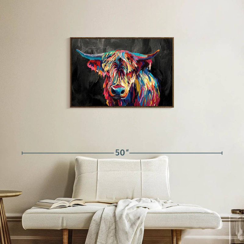Vache Highland colorée, Cadre flottant noyer, 31 po x 21 po