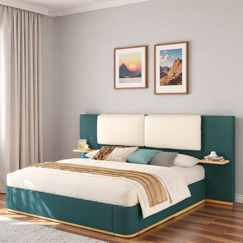 Lit plateforme tapissier avec tablettes, Très grand lit, Vert