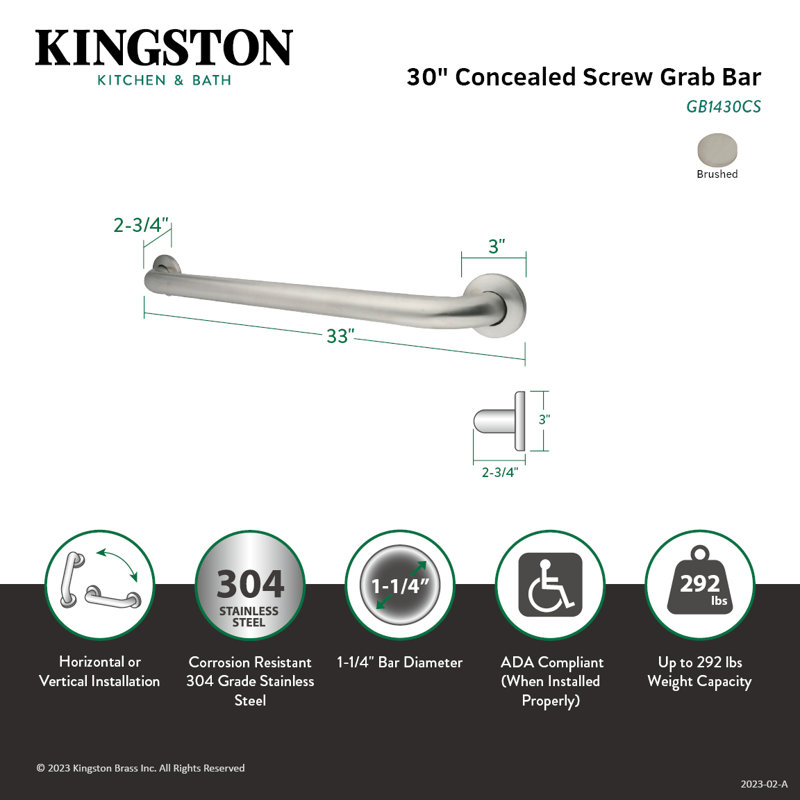 Barre d'appui de 1-1 / 4 po Kingston, l 30 po, Nickel satiné