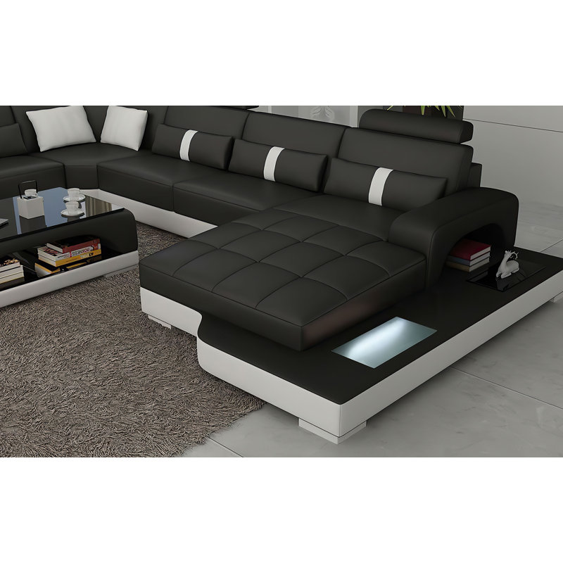 Arieta Upholstered U-Shaped Sectional, Black Genuine Leather, Right Hand Facing