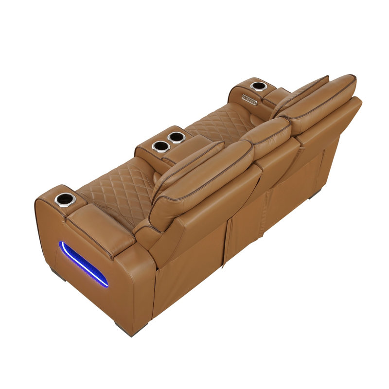 Canapé deux places inclinable électrique Fiya avec éclairage DEL, ports USB et revêtement en similicuir marron., L 73,5 po