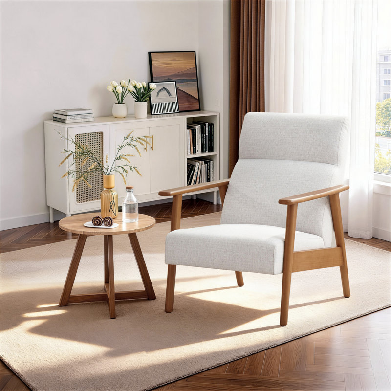 27.4" W Solid Wood Armchair with Tear-Resistant Fabric, Oatmeal