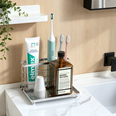 Stainless Steel Toothbrush Holder With Drain Tray, 3-Slot Bathroom Organizer For Countertop, Multi-Functional Storage For Toothbrush, Toothpaste, And Essentials