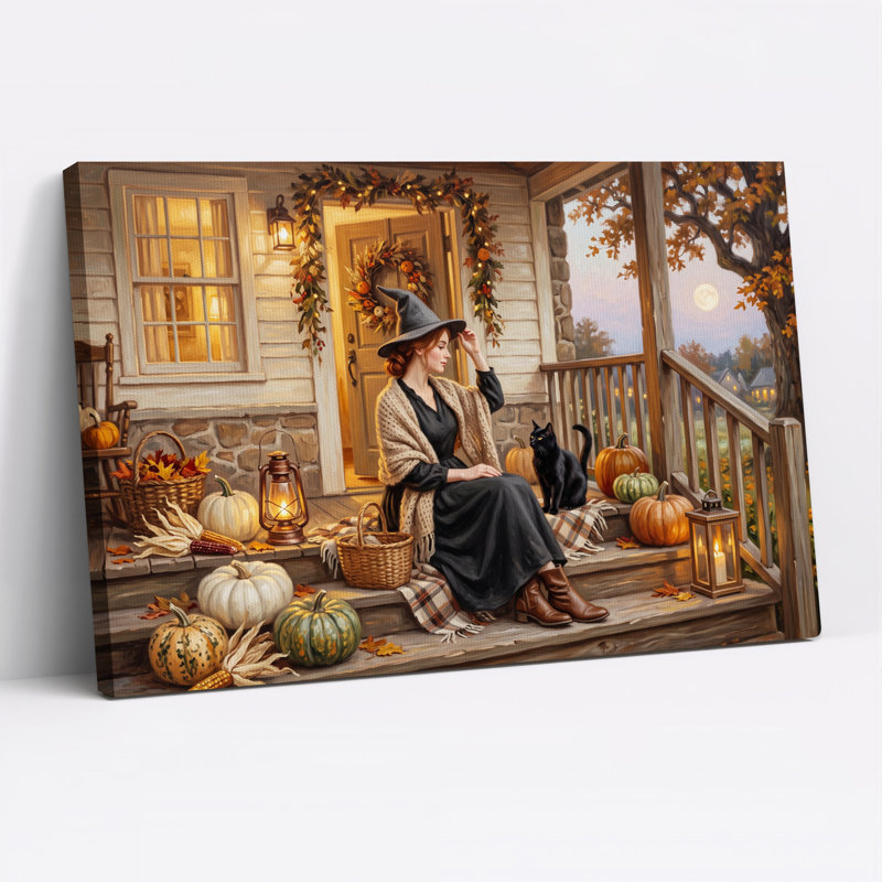 Sorcière assise sur un porche avec un chat noir et toile murale d'Halloween, 16"H x 24"W