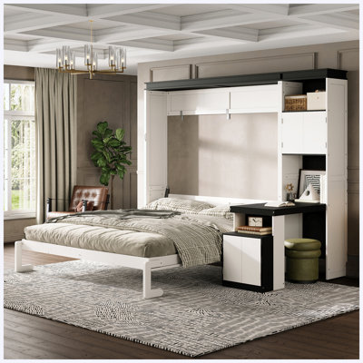 Queen Size Murphy Wall Bed with Built-In Desk, Storage Shelves & Cabinets, White