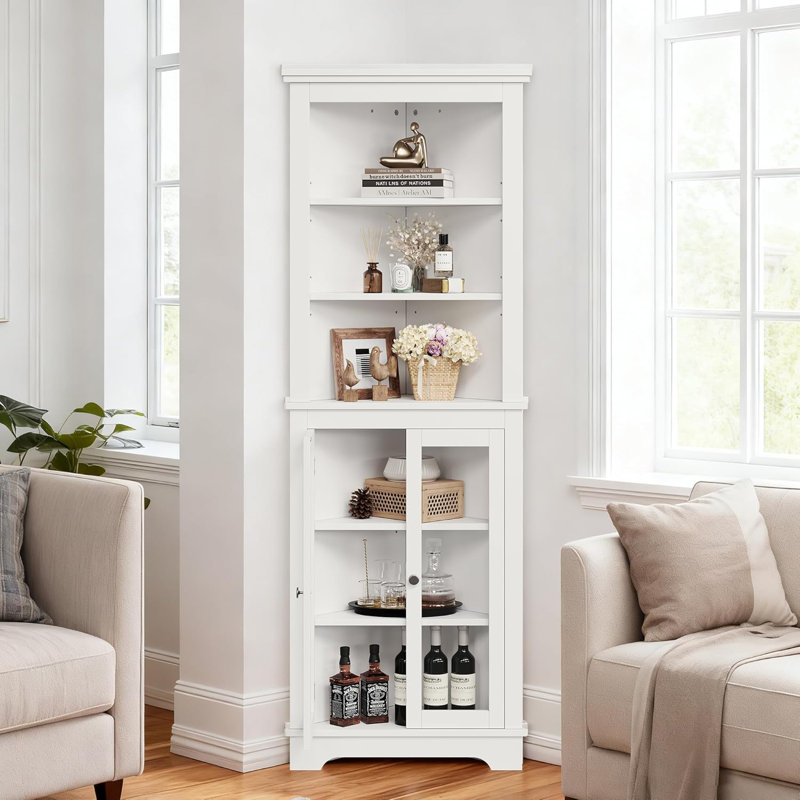 65" Tall Corner Storage Cabinet, Freestanding Farmhouse Bookcase with Glass Doors & Adjustable Shelves, Display Cabinet for Living Room, Bathroom