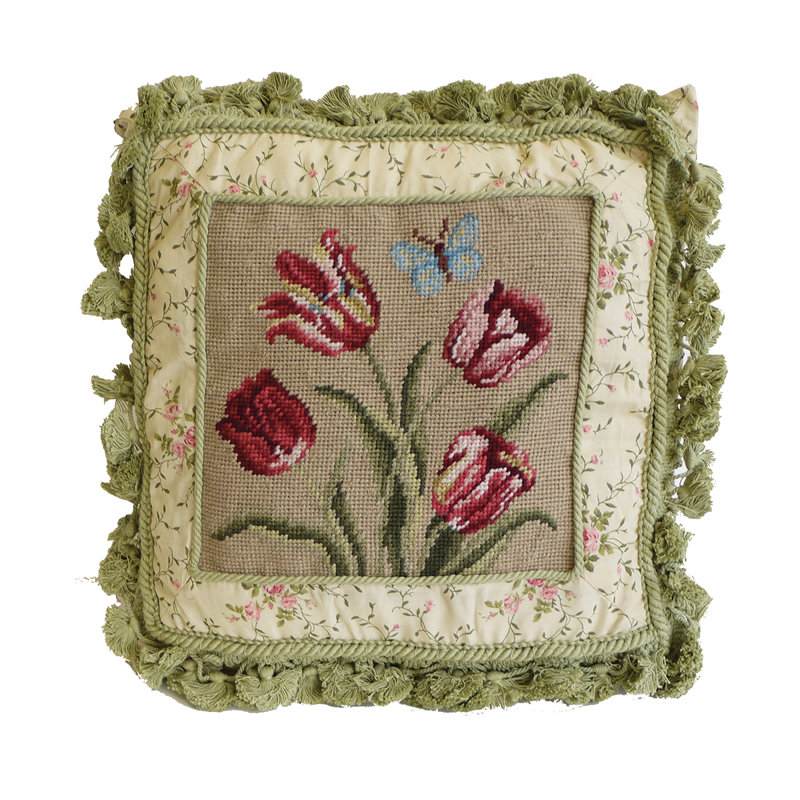 Butterfly And Tulips Needlepoint Pillow