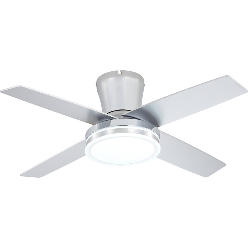 Ventilateur de plafond moderne encastré de 44 pouces avec éclairage et télécommande, moteur CC réversible à 6 vitesses, profil bas chromé