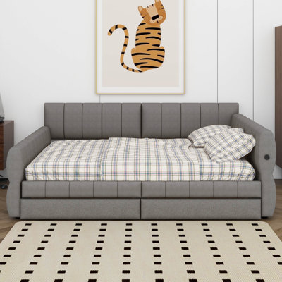 Queen Size Upholstered Platform Bed With USB And 2 Drawers, No Box Spring Needed, Easy To Assemble