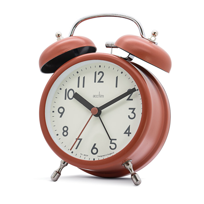 Acctim Hardwick Double Bell Alarm Clock Non Ticking Sweep Retro Metal Soft Coral